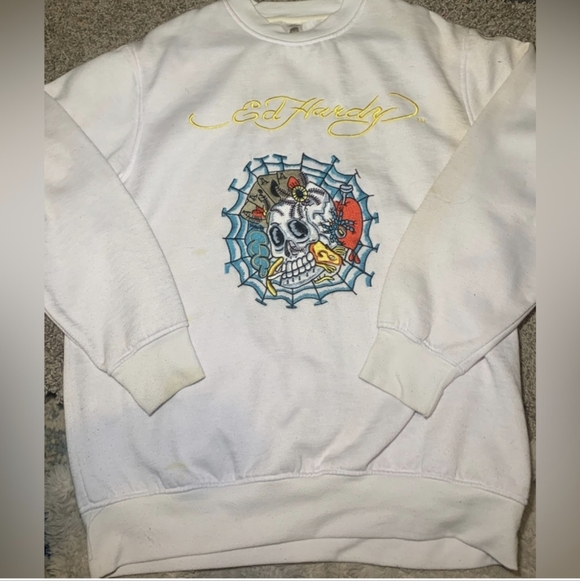 Vintage Ed Hardy by Christian Audigier Skull Spiderweb Embroidered Crewneck Swea